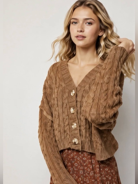 Sweaters - 655.Cozy brown Button-Up soft cardigan